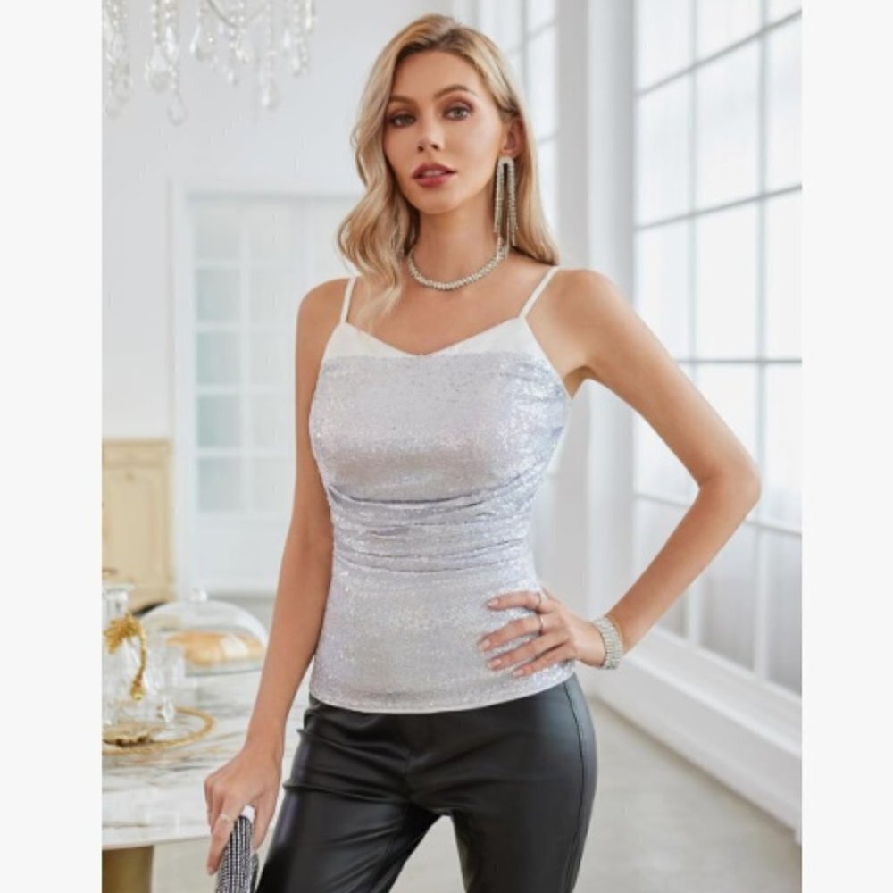 Sequin Tank Top Sleeveless Sparkle Shimmer Camisole Party Club Cocktail